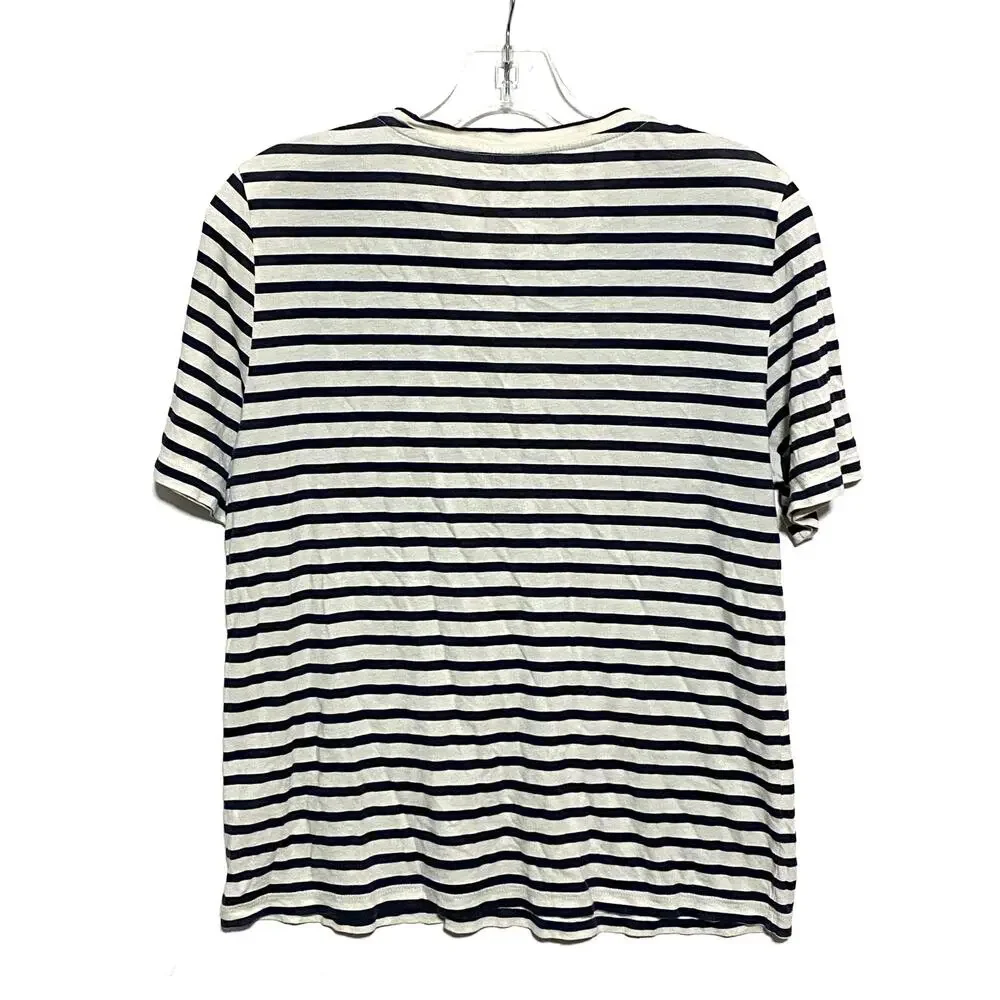 Tory Burch Floral Pima Cotton Short Sleeve Tee TShirt M Striped Coastal Nautical